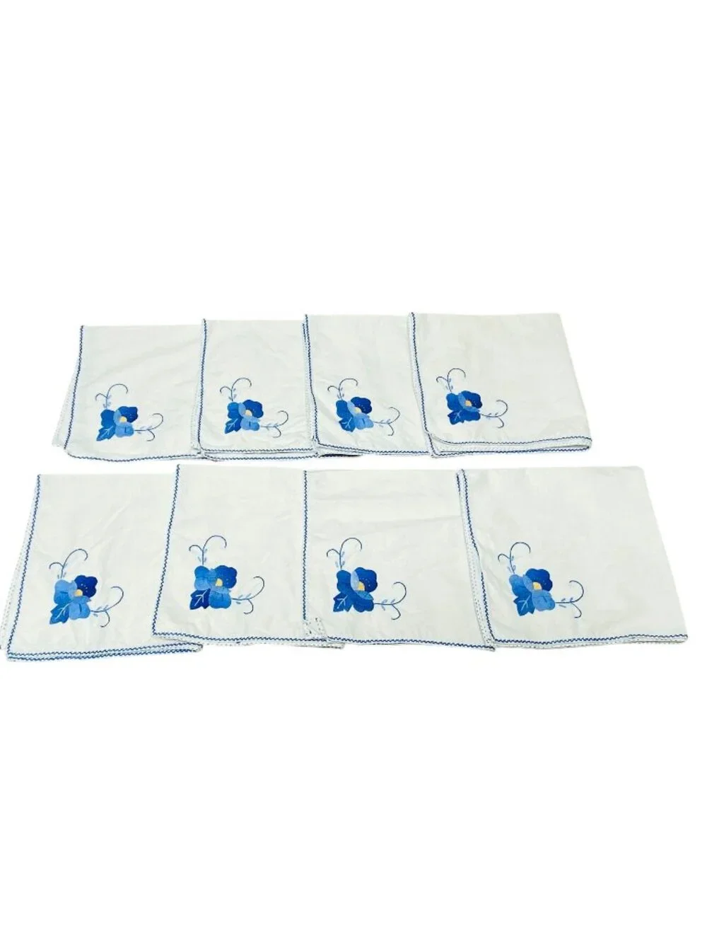 8 Vintage White Cotton Napkins With Blue Floral Embroidery & Scalloped Borders